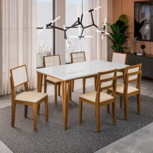 Conjunto de Mesa Dobue Safira com 6 Cadeiras - 160 cm - Imbuia, Branco e Off Bege