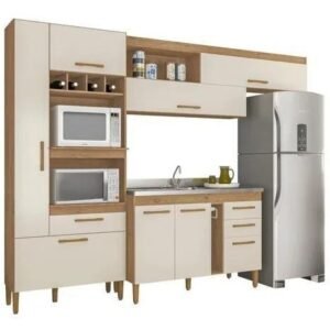 Cozinha Compacta Com Balcão Em Tampo 7 Portas 4 Gavetas Nápoles Atualle- Natura Off White E Mocaccino Rústico