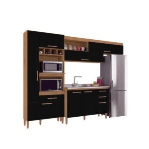 Cozinha Compacta Com Balcão Em Tampo 7 Portas 4 Gavetas Nápoles Atualle- Canelado Rústico E Preto Fosco